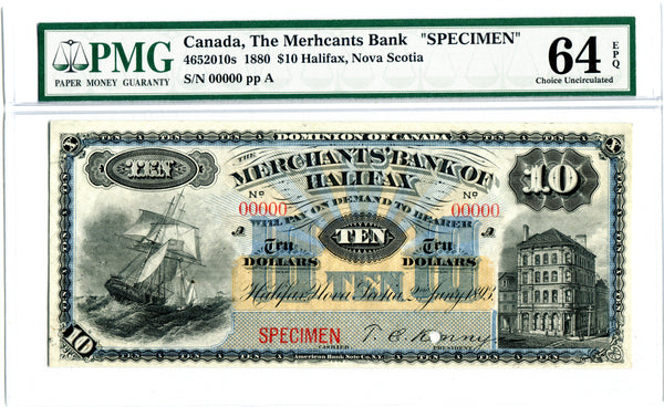 Canada Specimen, Merchants Bank Of Halifax, $10 1893, Pick S1185, PMG 64 EPQ