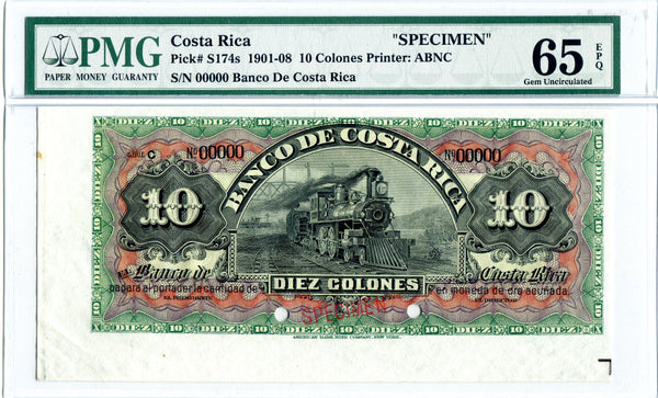 Costa Rica  Pick S174s3 Specimen 10 Colones 1908, PMG Gem Uncirculated 65 EPQ