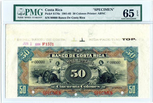 Costa Rica Specimen 50 Colones 1905-08, Series B, Pick S176s3, PMG 65 EPQ