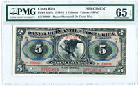 Costa Rica Specimen 5 Colones 1910-16, Pick S201, PMG 65 EPQ