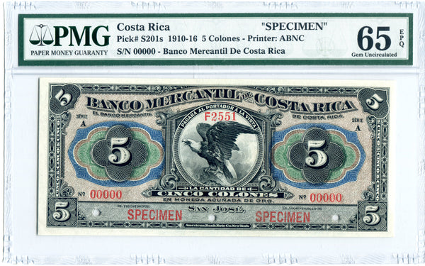 Costa Rica Specimen 5 Colones 1910-16, Pick S201, PMG 65 EPQ