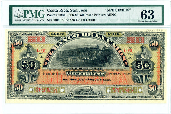 Costa Rica Specimen 50 Pesos 1889, Pick S226, PMG 63