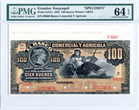 Ecuador Pick S131s1 Specimen 100 Sucres 1922, PMG Choice Uncirculated 64 EPQ