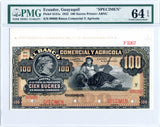 Ecuador Pick S131s1 Specimen 100 Sucres 1922, PMG Choice Uncirculated 64 EPQ
