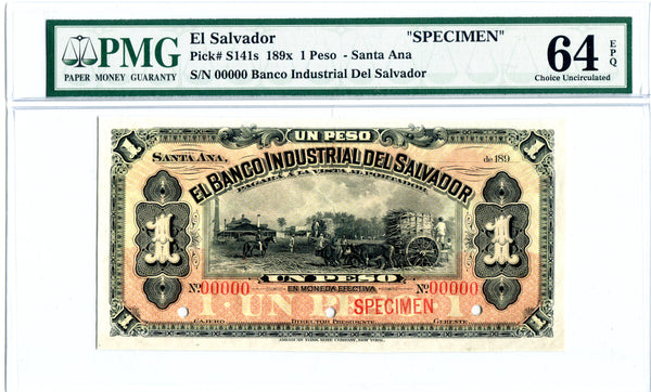 El Salvador Pick S141 Specimen 1 Peso 189x, PMG Choice Uncirculated 64 EPQ