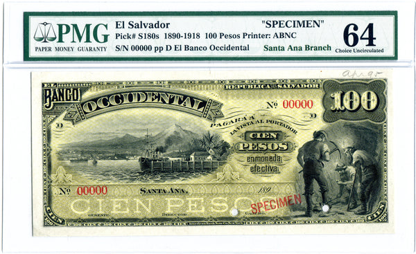 El Salvador Pick S180s1 Specimen 100 Pesos 189x, PMG Choice Uncirculated 64