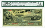 El Salvador Pick S181 Specimen 500 Pesos Ca 1890-99, PMG Choice Uncirculated 64