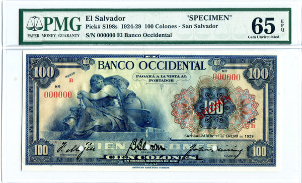 El Salvador Pick S198 Specimen 100 Colones 1929 Series B, PMG Gem Uncirculated 65 EPQ