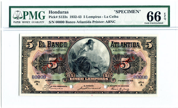 Honduras Specimen 5 Lempiras 1932, Pick S123a, PMG 66 EPQ