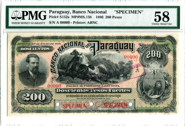 Paraguay Pick S152 (MP#MS.138) Specimen 200 Pesos 1886, PMG Choice About Uncirculated 58