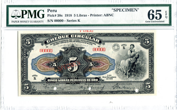 Peru Specimen 1918 5 Libras, Pick 38, PMG 65 EPQ