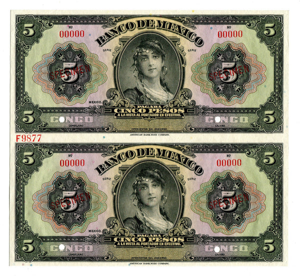 Mexico Pick 21 Specimen 5 Pesos 1925-34 Vertical PAIR, Choice Uncirculated