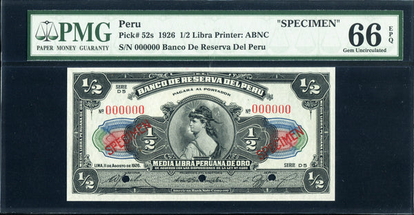 Peru Specimen P52, Half (1/2) Libra 1926, PMG 66 EPQ, Gem Uncirculated