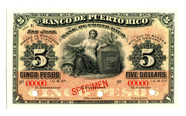 Puerto Rico Pick 41 Specimen $5/5 Pesos, Series E, 1901-04, Choice Uncirculated