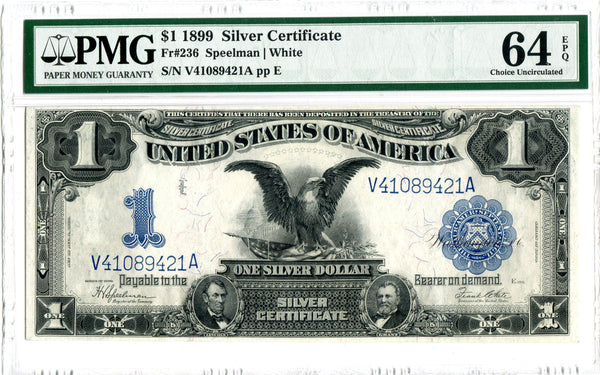 USA Fr#236 Silver Certificate 1899 $1 Black Eagle, PMG Choice Uncirculated 64 EPQ, Serial V41089421A