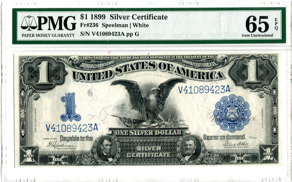 USA Fr#236 Silver Certificate 1899 $1 Black Eagle, PMG Gem Uncirculated 65 EPQ, Serial V41089423A