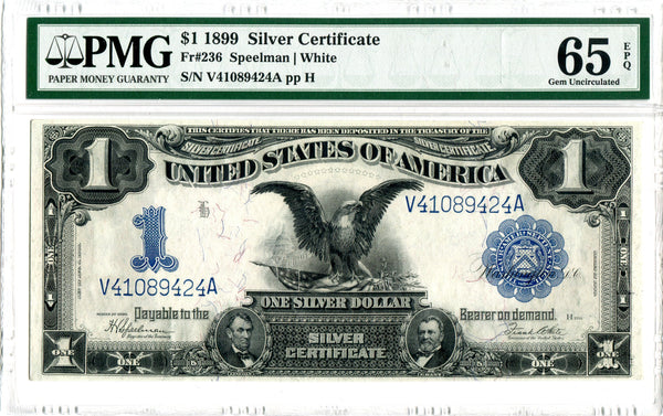 USA Fr#236 Silver Certificate 1899 $1 Black Eagle, PMG Gem Uncirculated 65 EPQ, Serial V41089424A